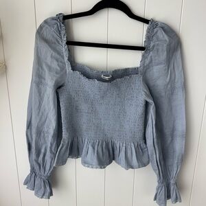 Reformation Roland top in mineral blue smocked blouse Medium 100% Cotton